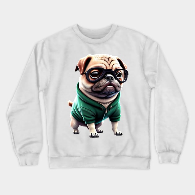 Muscular Pug Gym Trainer - Cute Pug with Green Hoodie Design Crewneck Sweatshirt by fur-niche